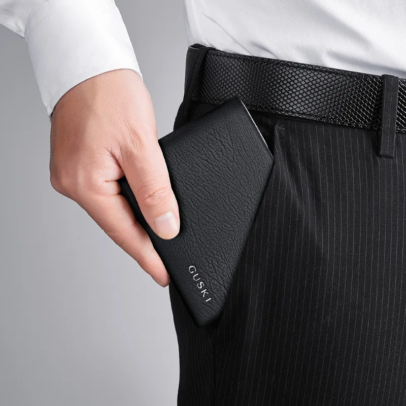 GUSKI Top Grain Cow Leather Money Clip Coin Purse Men's Black-2
