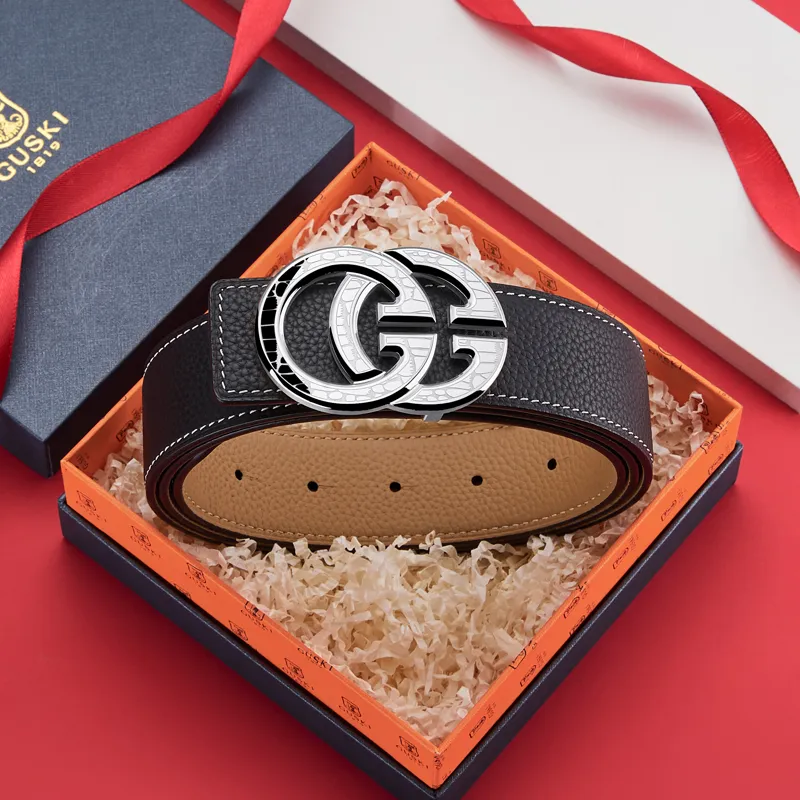 GUSKI Top Grain Cow Leather Smooth Buckle Belt Men's Width  3.8cm Gift Box Sets-23