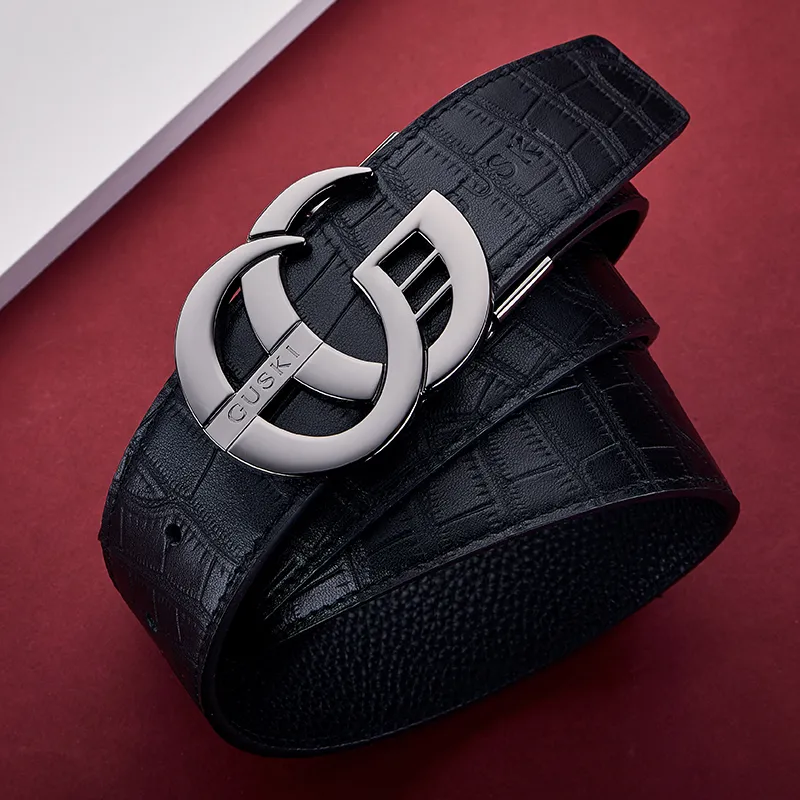 GUSKI Top Grain Cow Leather Smooth Buckle Belt, Husband's Fashion Belt Men's Gunmetal, Gold Width  3.8cm Gift Box Set-12
