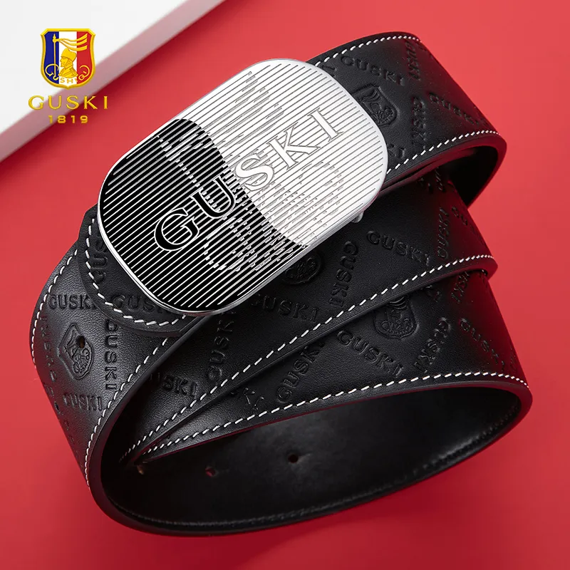 GUSKI Top Grain Cow Leather Embossed Smooth Buckle Belt Comfortable Waist Belt Men's Silver Width 3.8cm Gift Box Set-4
