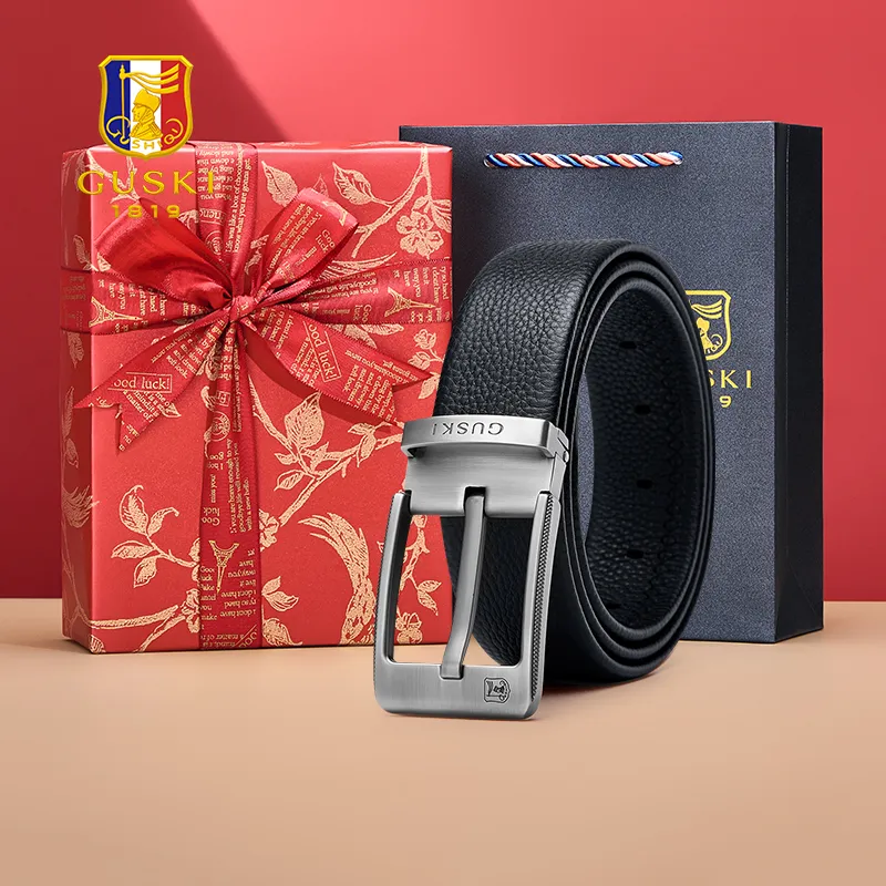 GUSKI Top Grain Cow Leather Pin Buckle Belt, Trendy, Boyfriend Belt Men's Gunmetal Width 3.8cm Gift Box Set-1
