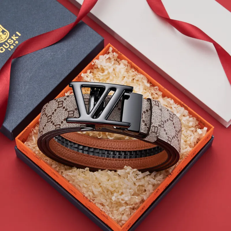 GUSKI Top Grain Cow Leather Automatic Buckle Belt, Suitable For Men's Pants Men's Gunmetal Width 3.5cm Gift Box Set-23