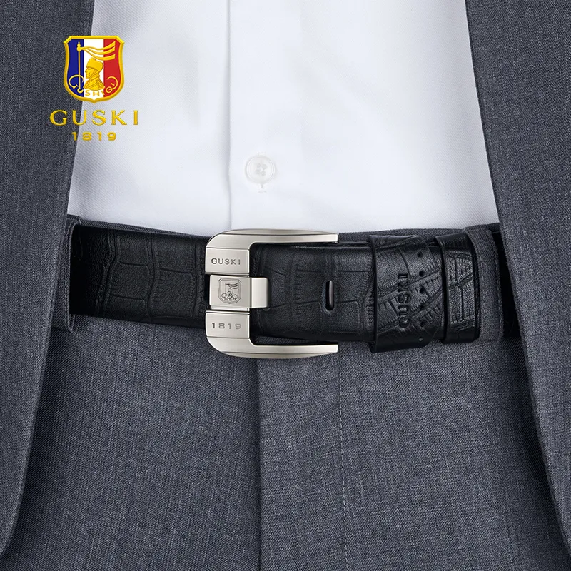 GUSKI Top Grain Cow Leather Belt Premium Elegance Husband's Belt Men's Gunmetal Width 3.7cm Gift Box Set-6