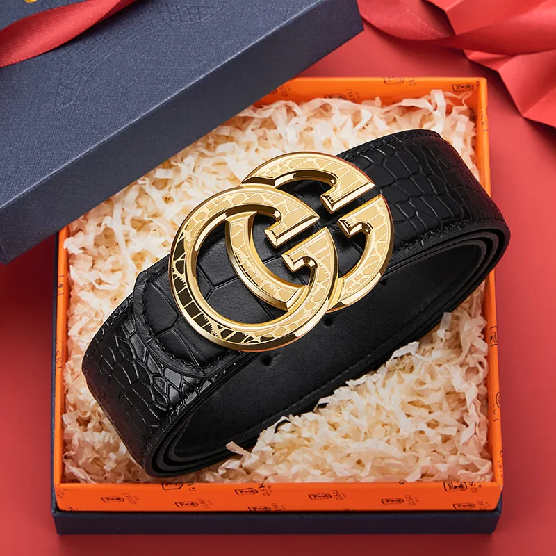 GUSKI Top Grain Cow Leather Smooth Buckle Belt Suitable For Men's Pants Men's Silver Gold Width: 3.8cm Gift Box Sets-20