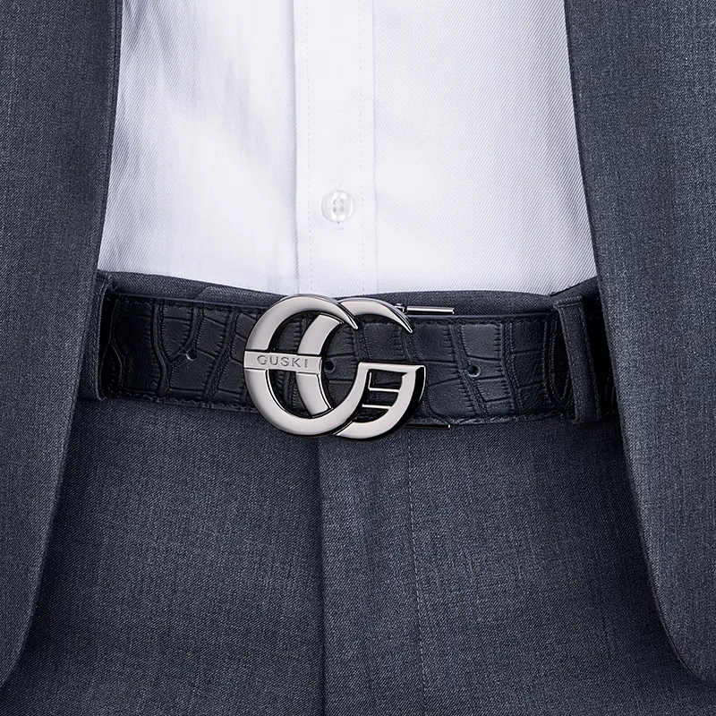 GUSKI Top Grain Cow Leather Smooth Buckle Belt, Husband's Fashion Belt Men's Gunmetal, Gold Width  3.8cm Gift Box Set-13