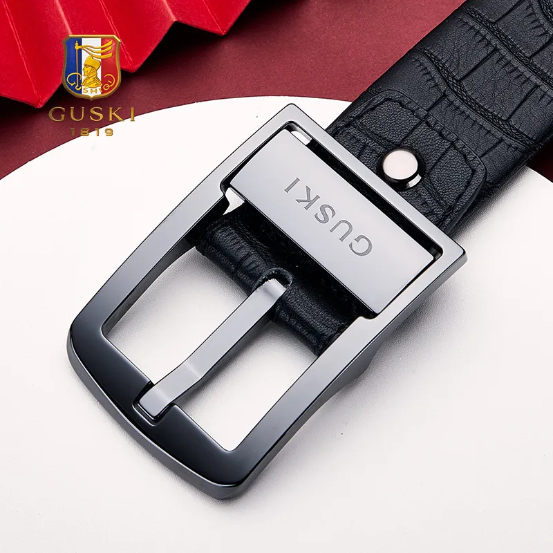 GUSKI Top Grain Cow Leather Pin Buckle Elegance Waistband Men's Gunmetal Width 3.8cm Gift Box Set-4