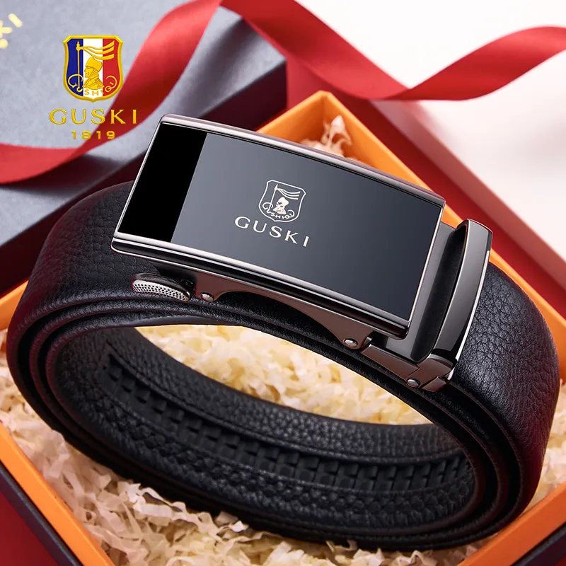 GUSKI Top Grain Cow Leather Automatic Buckle Belt Pants Belt Men's Multicolor Width 3.5cm Gift Box Set-4