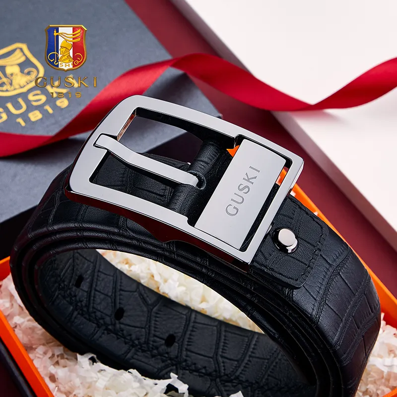 GUSKI Top Grain Cow Leather Pin Buckle Elegance Waistband Men's Gunmetal Width 3.8cm Gift Box Set-3