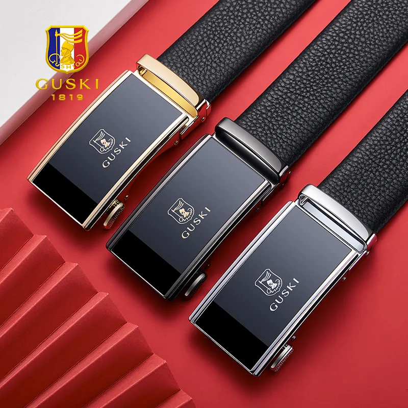 GUSKI Top Grain Cow Leather Automatic Buckle Belt Pants Belt Men's Multicolor Width 3.5cm Gift Box Set-3