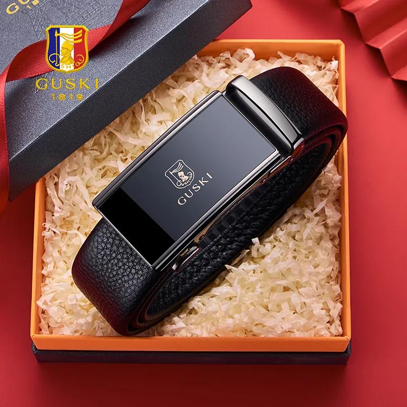 GUSKI Top Grain Cow Leather Automatic Buckle Belt Pants Belt Men's Multicolor Width 3.5cm Gift Box Set-1