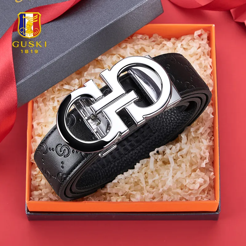 GUSKI Top Grain Cow Leather Belt, Husband's Belt Men's Gunmetal Width 3.5cm Gift Box Set-10