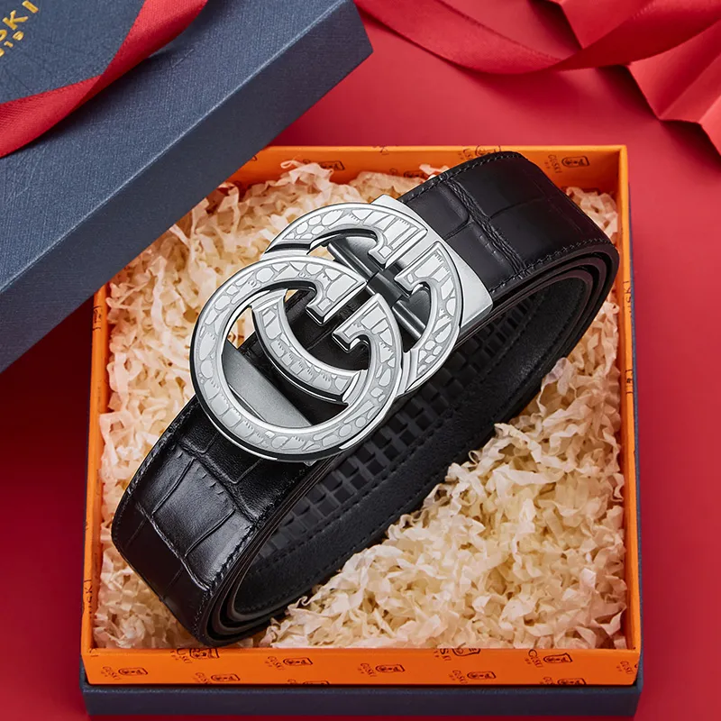 GUSKI Top Grain Cow Leather Steel Buckle Belt, Husband's Elegance Belt Men's Width 3.5cm Gift Box Set-15