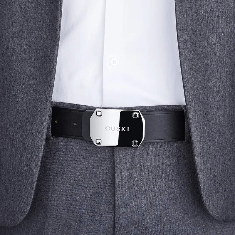GUSKI Cow Leather Smooth Buckle Belt Men's Width: 3.8cm Set Box-5