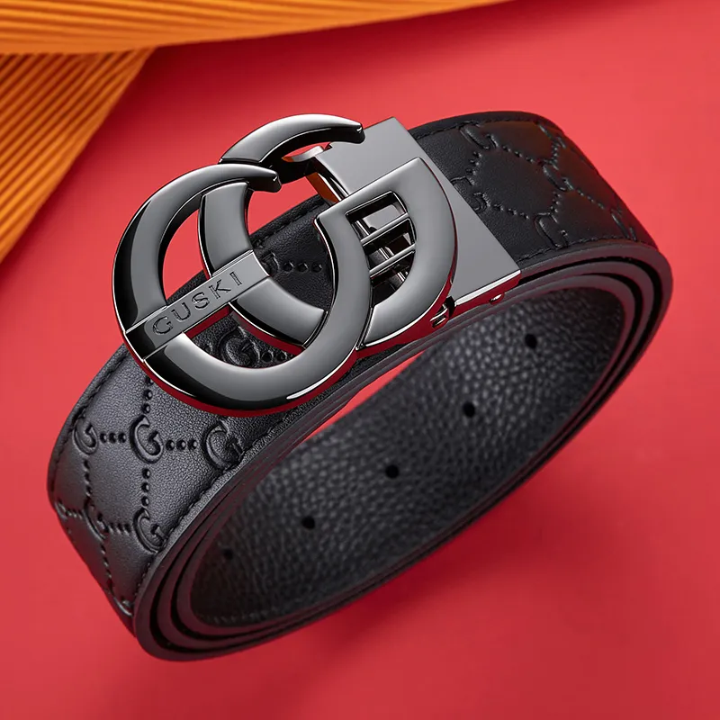 GUSKI Top Grain Cow Leather Smooth Buckle Belt, Husband's Fashion Belt Men's Gunmetal, Gold Width  3.8cm Gift Box Set-4