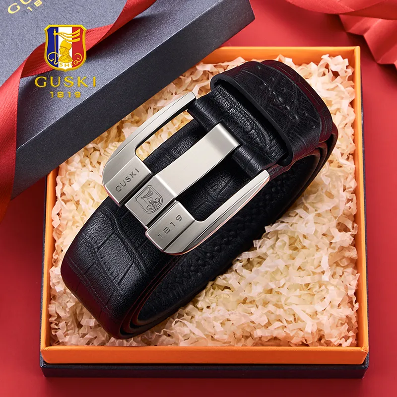 GUSKI Top Grain Cow Leather Belt Premium Elegance Husband's Belt Men's Gunmetal Width 3.7cm Gift Box Set-1