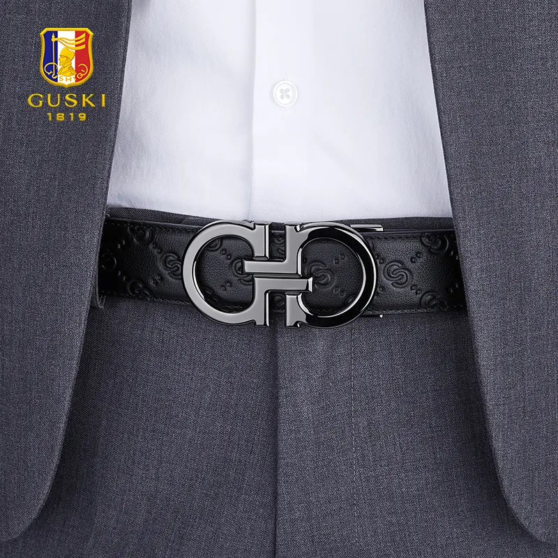 GUSKI Top Grain Cow Leather Belt, Husband's Belt Men's Gunmetal Width 3.5cm Gift Box Set-6
