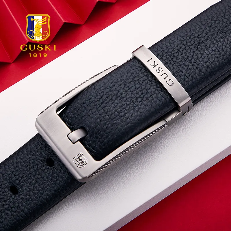 GUSKI Top Grain Cow Leather Pin Buckle Belt, Trendy, Boyfriend Belt Men's Gunmetal Width 3.8cm Gift Box Set-4