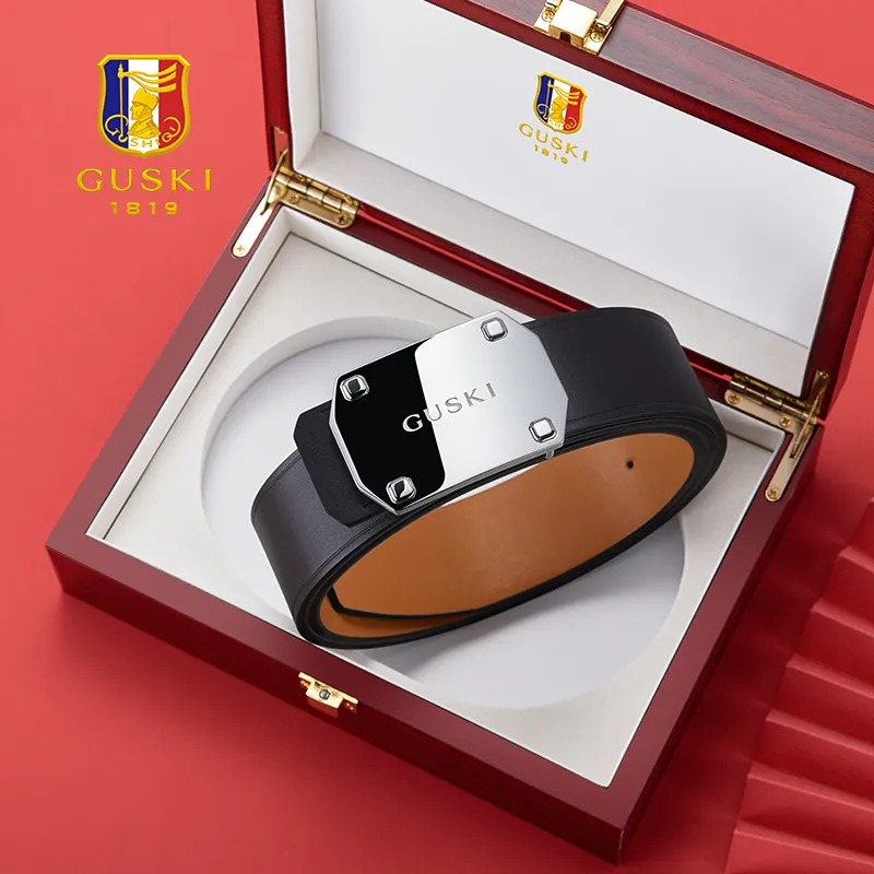GUSKI Cow Leather Smooth Buckle Belt Men's Width: 3.8cm Set Box-3
