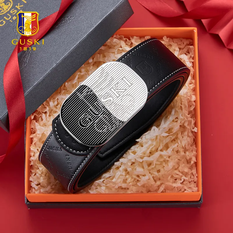 GUSKI Top Grain Cow Leather Embossed Smooth Buckle Belt Comfortable Waist Belt Men's Silver Width 3.8cm Gift Box Set-1