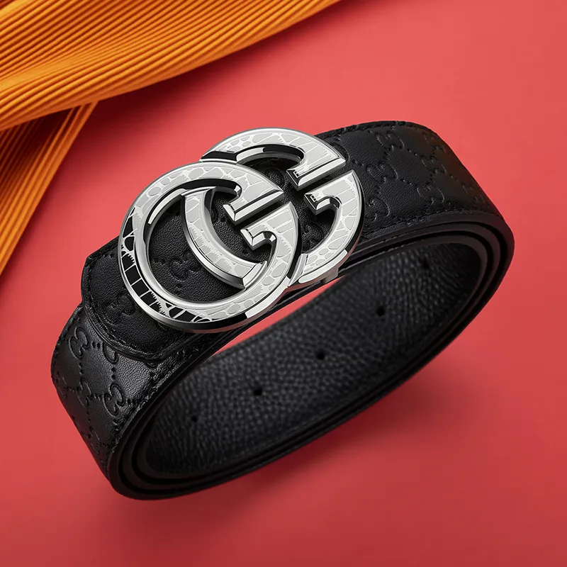 GUSKI Top Grain Cow Leather Smooth Buckle Belt Suitable For Men's Pants Men's Silver Gold Width: 3.8cm Gift Box Sets-5