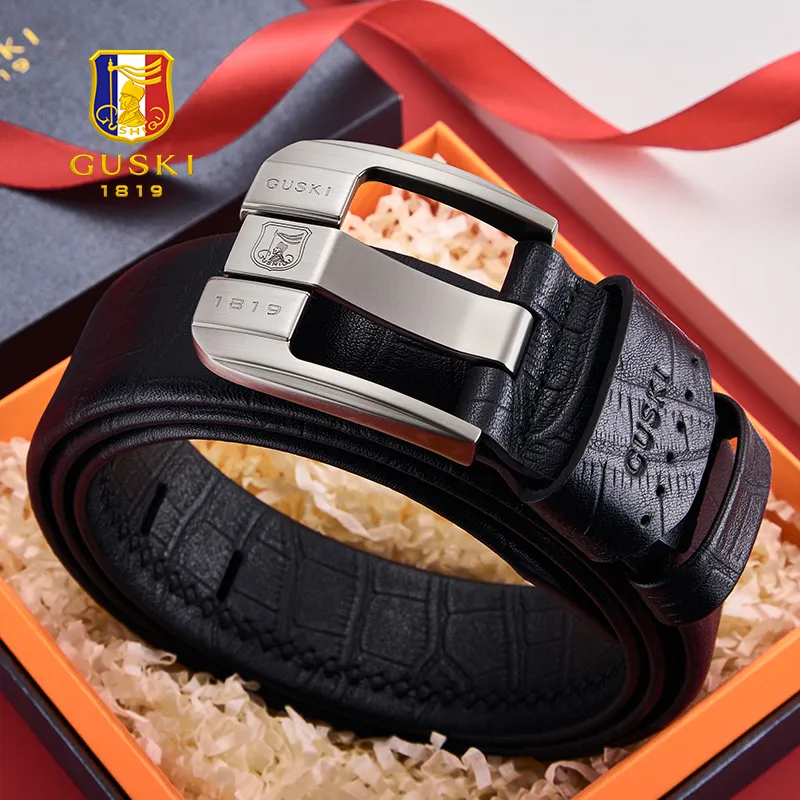 GUSKI Top Grain Cow Leather Belt Premium Elegance Husband's Belt Men's Gunmetal Width 3.7cm Gift Box Set-3