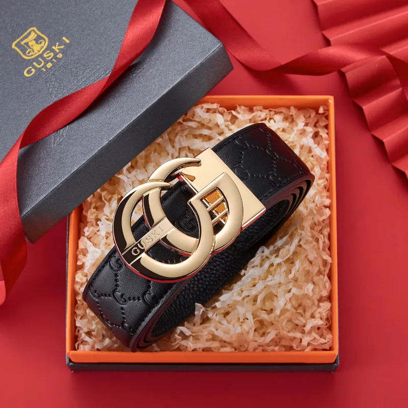 GUSKI Top Grain Cow Leather Smooth Buckle Belt, Husband's Fashion Belt Men's Gunmetal, Gold Width  3.8cm Gift Box Set-7