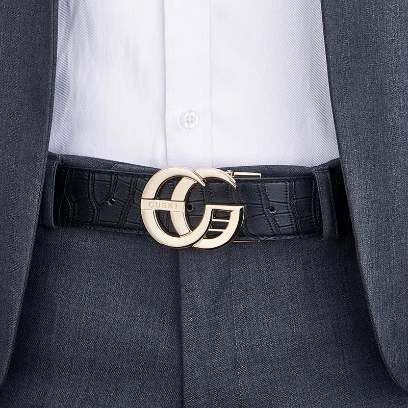 GUSKI Top Grain Cow Leather Smooth Buckle Belt, Husband's Fashion Belt Men's Gunmetal, Gold Width  3.8cm Gift Box Set-16