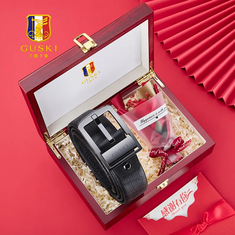 GUSKI Top Grain Cow Leather Pin Buckle Elegance Waistband Men's Gunmetal Width 3.8cm Gift Box Set-1