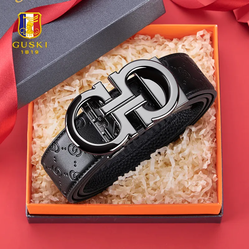 GUSKI Top Grain Cow Leather Belt, Husband's Belt Men's Gunmetal Width 3.5cm Gift Box Set-2