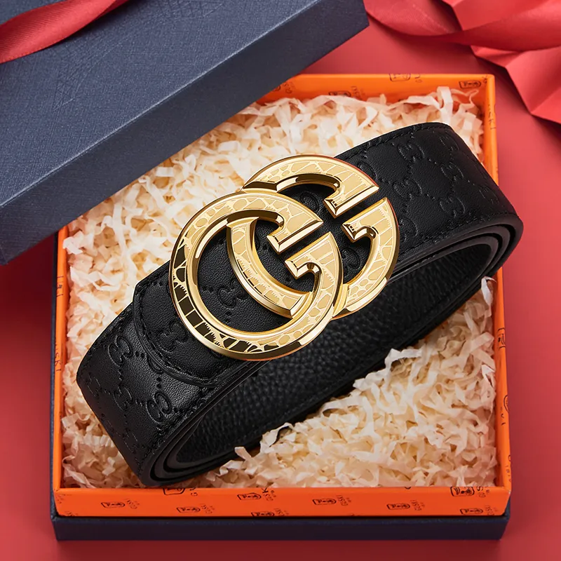 GUSKI Top Grain Cow Leather Smooth Buckle Belt Suitable For Men's Pants Men's Silver Gold Width: 3.8cm Gift Box Sets-9