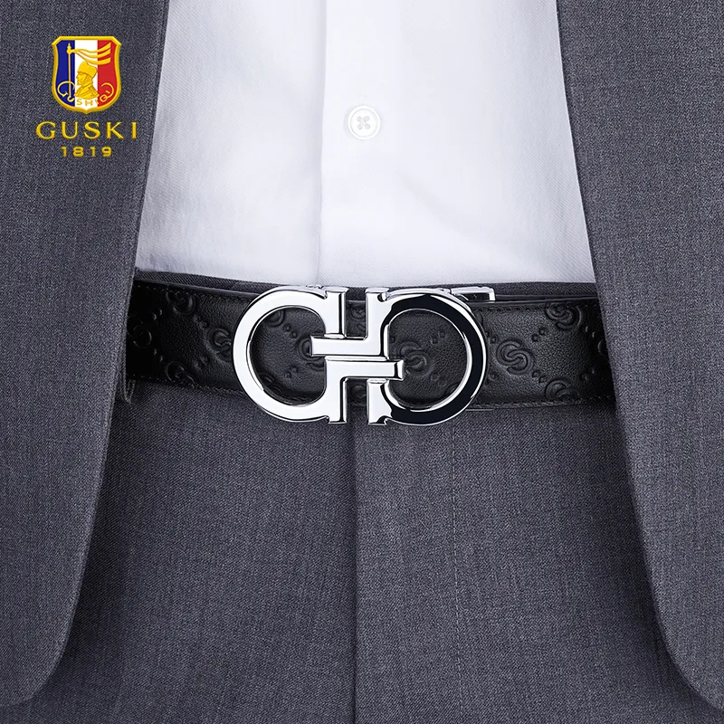 GUSKI Top Grain Cow Leather Belt, Husband's Belt Men's Gunmetal Width 3.5cm Gift Box Set-12