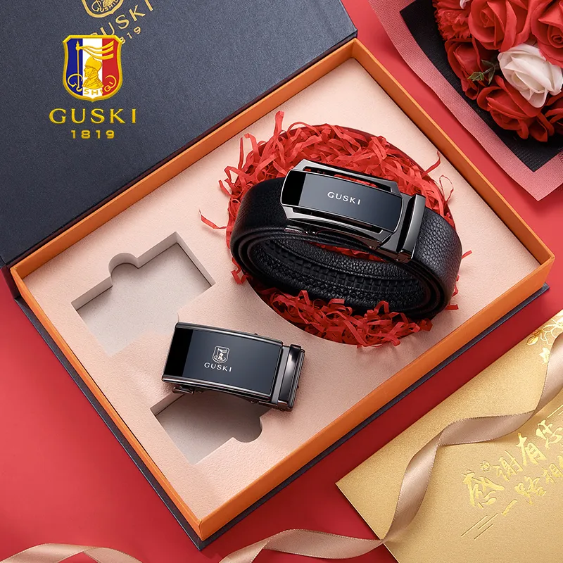GUSKI Top Grain Cow Leather Automatic Buckle Belt, Premium Elegance Genuine Leather Belt Men's Gunmetal Width 3.5cm-1
