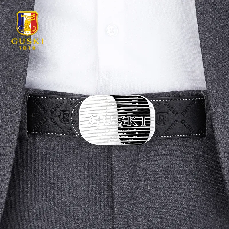 GUSKI Top Grain Cow Leather Embossed Smooth Buckle Belt Comfortable Waist Belt Men's Silver Width 3.8cm Gift Box Set-5