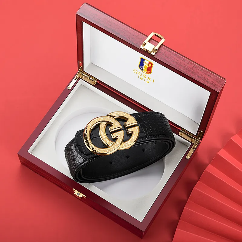 GUSKI Top Grain Cow Leather Smooth Buckle Belt Suitable For Men's Pants Men's Silver Gold Width: 3.8cm Gift Box Sets-21