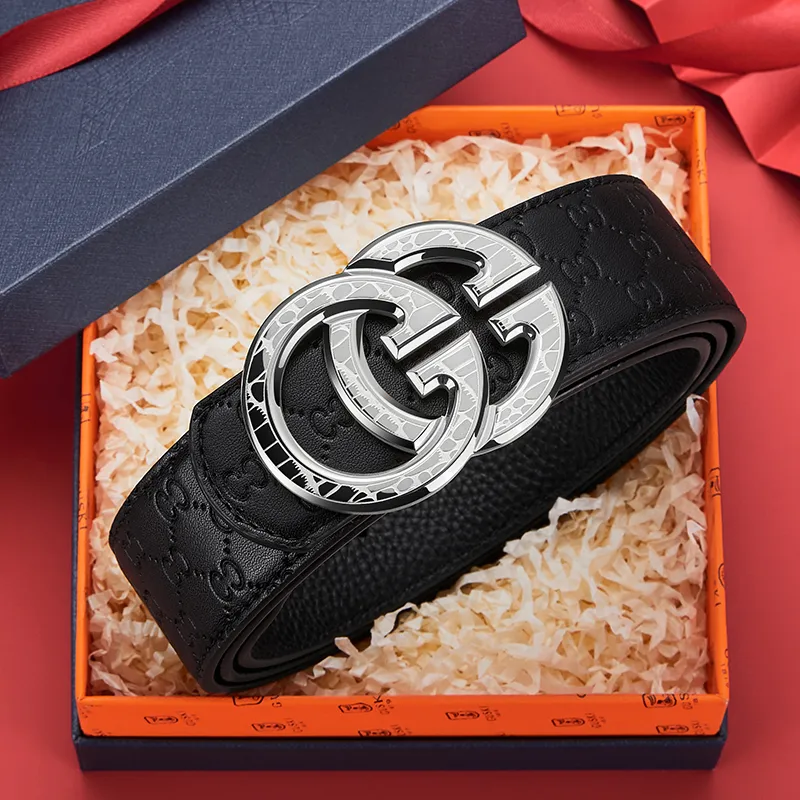 GUSKI Top Grain Cow Leather Smooth Buckle Belt Suitable For Men's Pants Men's Silver Gold Width: 3.8cm Gift Box Sets-3