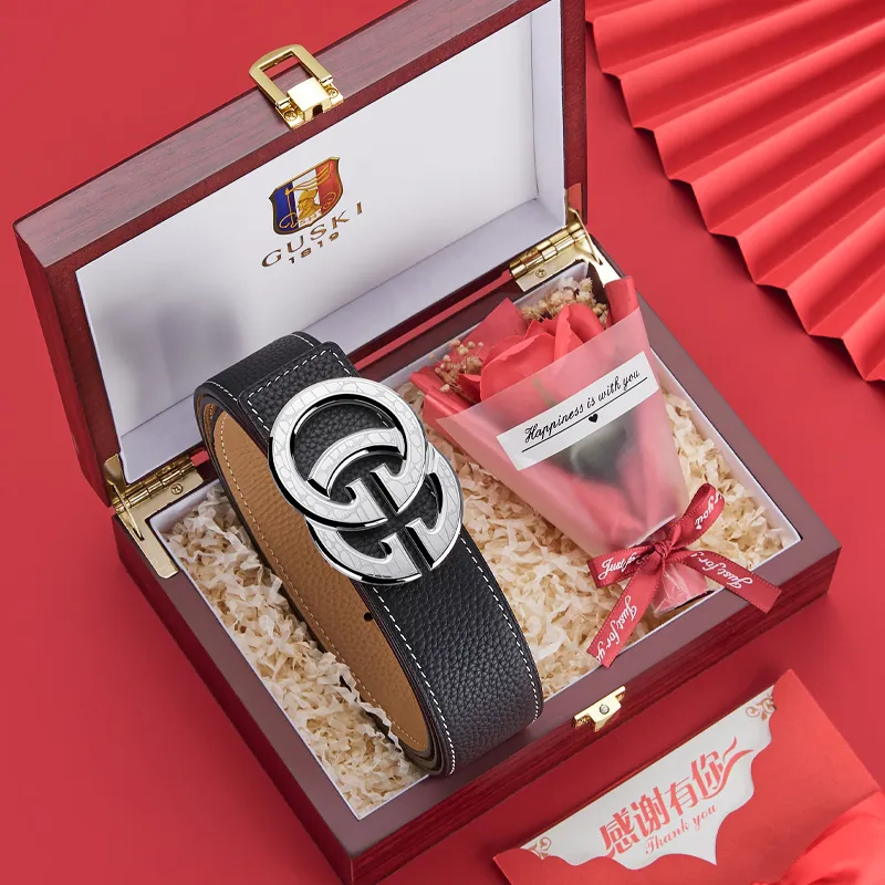 GUSKI Top Grain Cow Leather Smooth Buckle Belt Suitable For Men's Pants Men's Silver Gold Width: 3.8cm Gift Box Sets-23