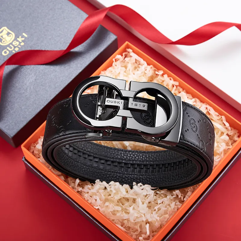 GUSKI Top Grain Cow Leather Belt, Husband's Belt Men's Gunmetal Width 3.5cm Gift Box Set-15