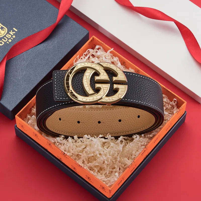 GUSKI Top Grain Cow Leather Smooth Buckle Belt Men's Width  3.8cm Gift Box Sets-28