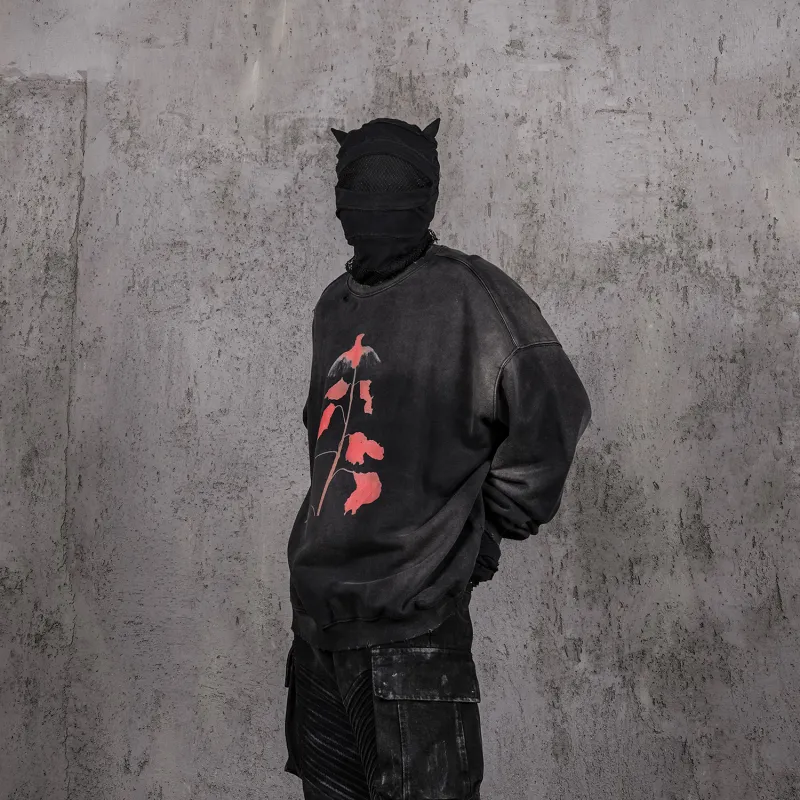 UNDERWATER Destroyed Loose Fit Print Pullover Sweatshirt Unisex Dusty Black-2
