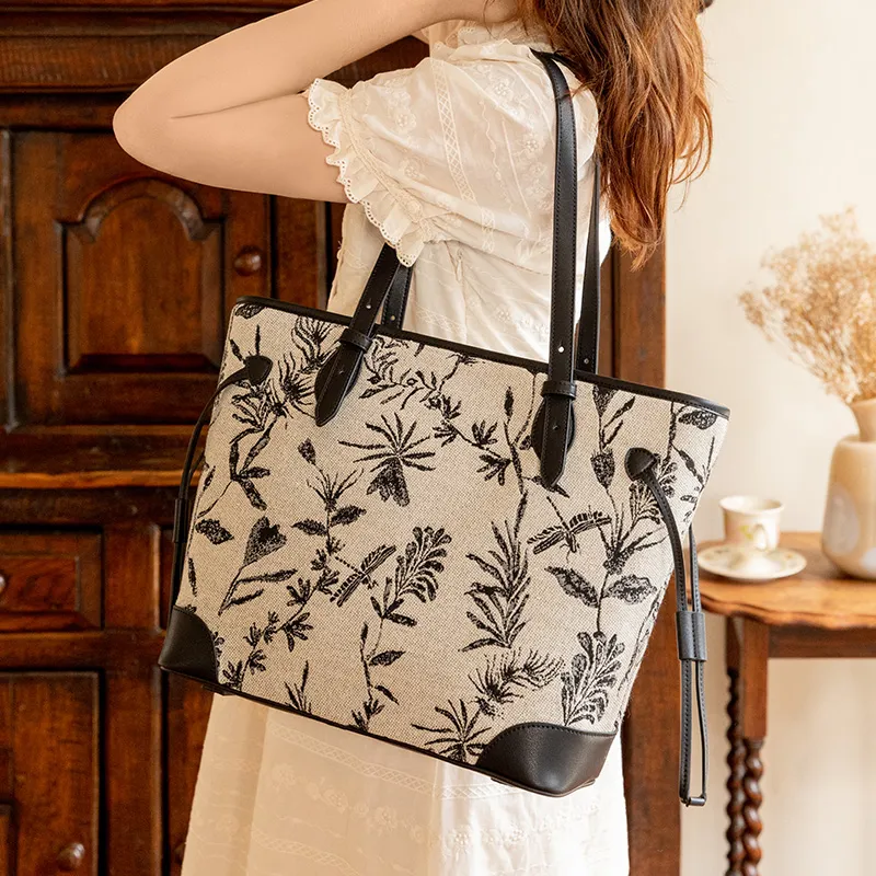 VANESSA HOGAN Monogram Fabric Tote Bag Shopping Bag Shoulder Bag Handbag Large Size Women's Black-3