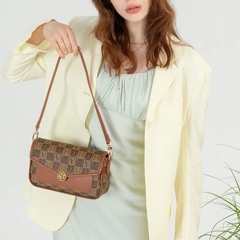 VANESSA HOGAN Monogram Cow Leather Shoulder Bag Medium Size Women's Green/Brown-9