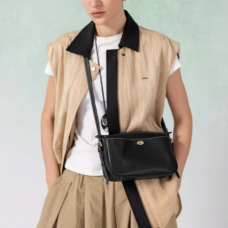 VANESSA HOGAN Top Grain Cow Leather Crossbody Bag Pochette, Shoulder Bag Women's Cocoa Red Brown/Obsidian Black-12