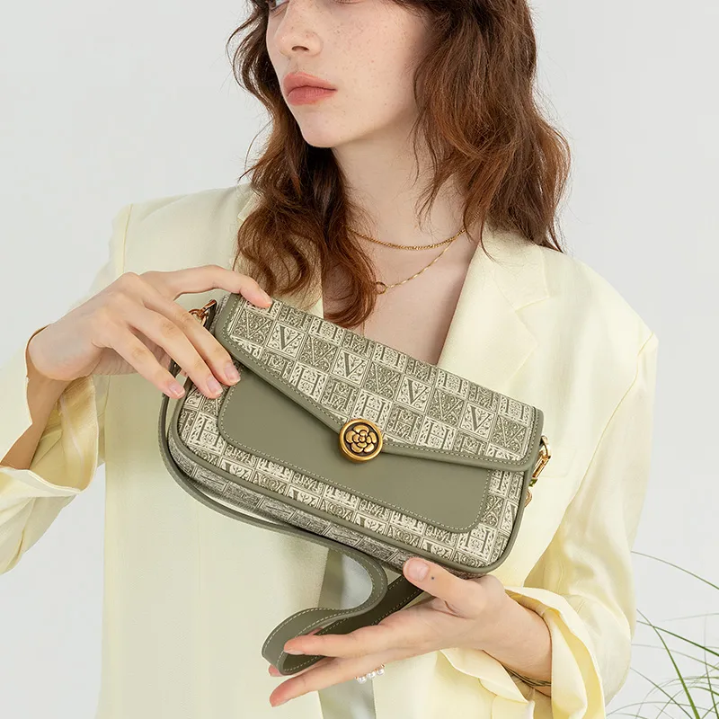 VANESSA HOGAN Monogram Cow Leather Shoulder Bag Medium Size Women's Green/Brown-4
