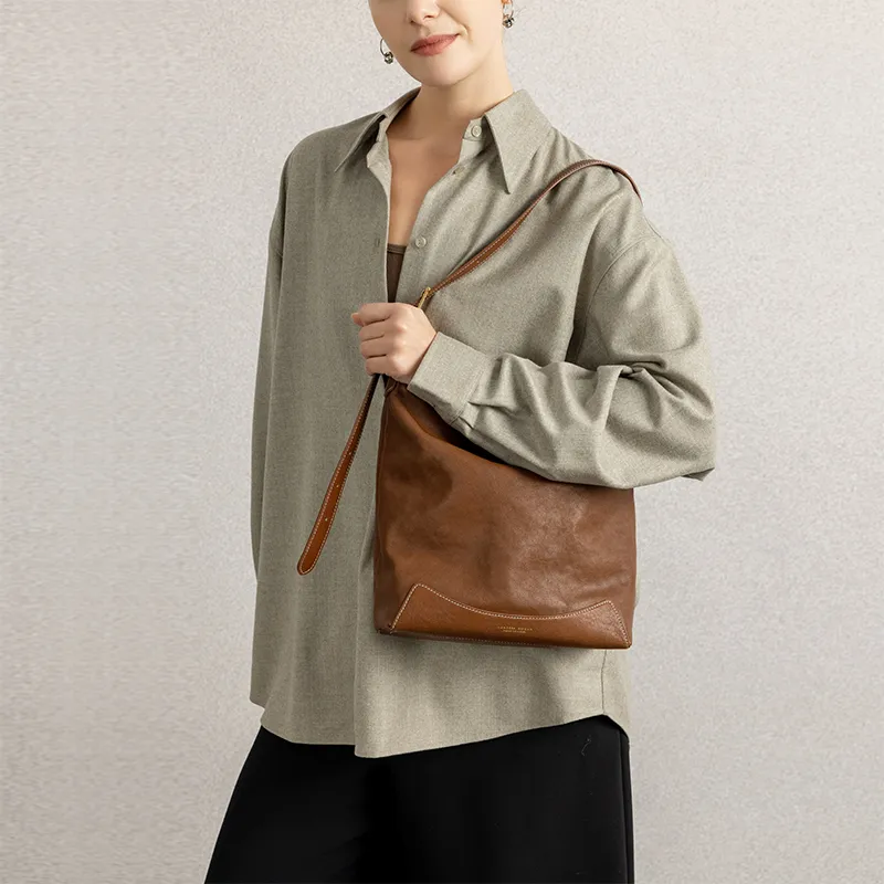 VANESSA HOGAN Top Grain Vegetable Tanned Cow Leather Shoulder Bag Large Size Women's Cocoa Red Brown-7