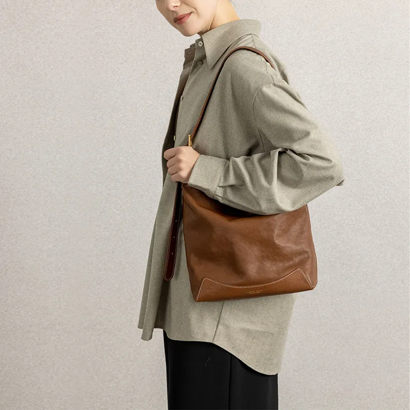 VANESSA HOGAN Top Grain Vegetable Tanned Cow Leather Shoulder Bag Large Size Women's Cocoa Red Brown-6