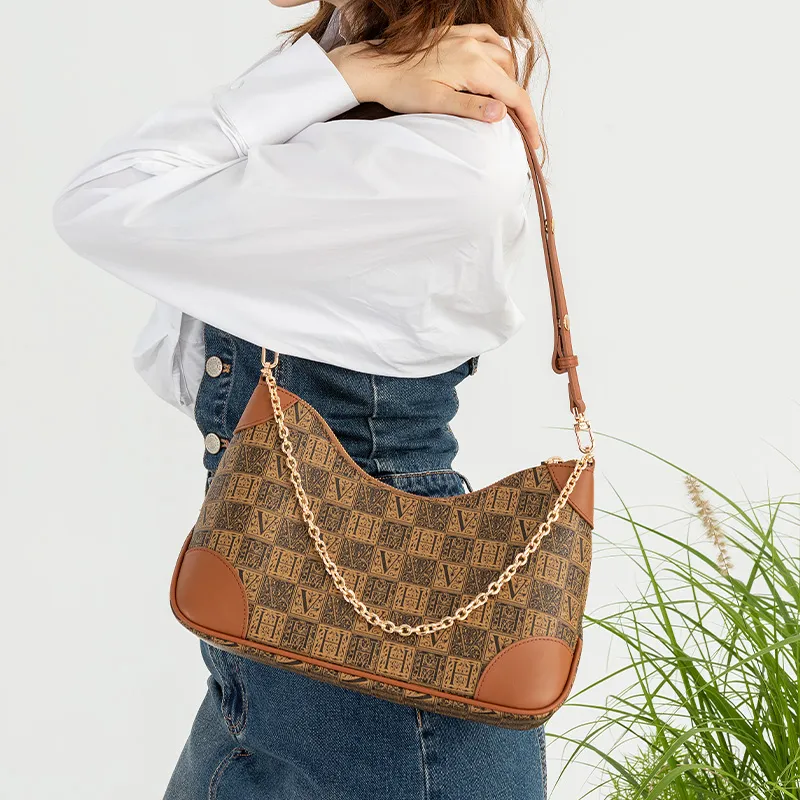VANESSA HOGAN Monogram Cow Leather Mom Bag, Croissant Bag, Chain Bag, Shoulder Bag, Crossbody Bag Women's Dark Brown-7