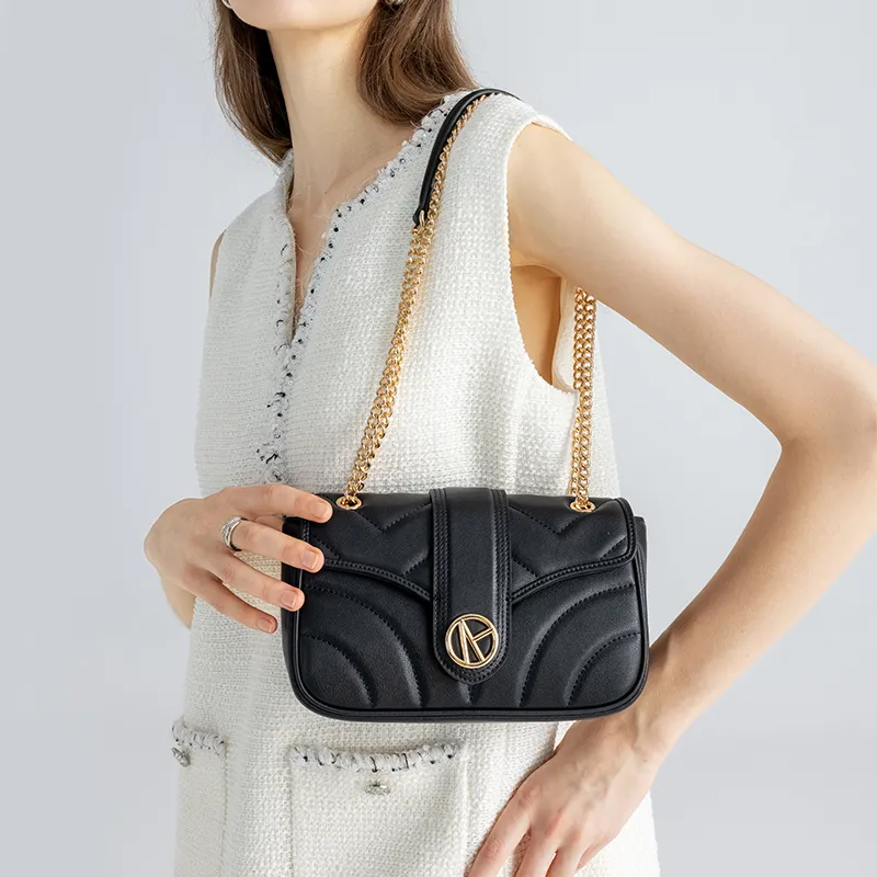 VANESSA HOGAN Brand Twill Design Niche Chain Small Square Bag Women's Ecru/Black-10