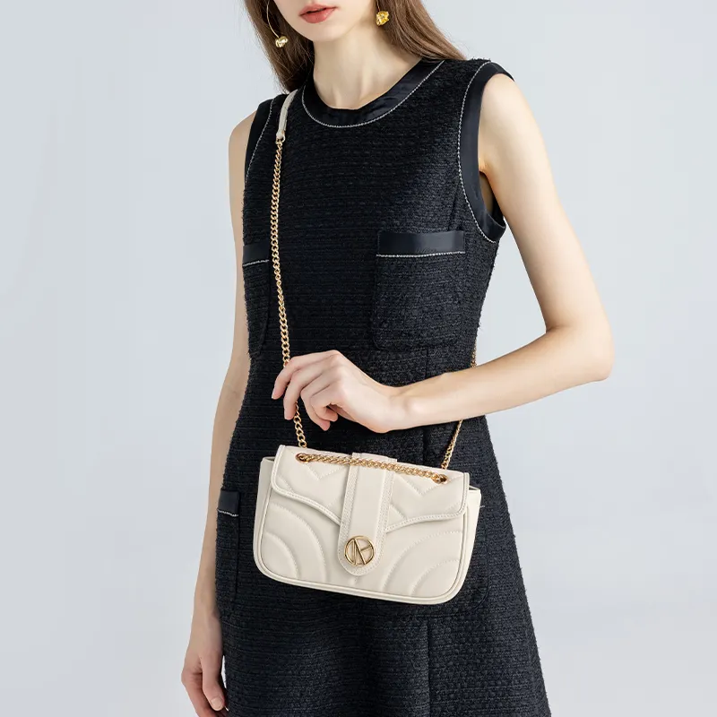 VANESSA HOGAN Brand Twill Design Niche Chain Small Square Bag Women's Ecru/Black-4