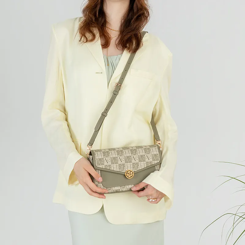VANESSA HOGAN Monogram Cow Leather Shoulder Bag Medium Size Women's Green/Brown-3