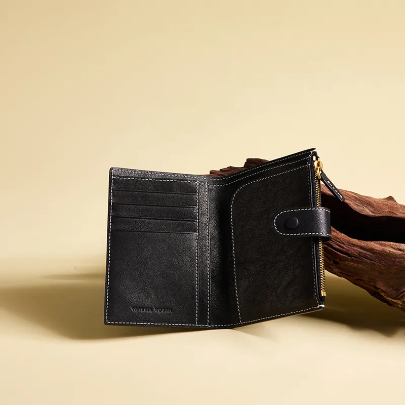 VANESSA HOGAN Cow Leather Multiple Card Slots Wallet Passport Holder Unisex Cocoa Red Brown/Obsidian Black-7